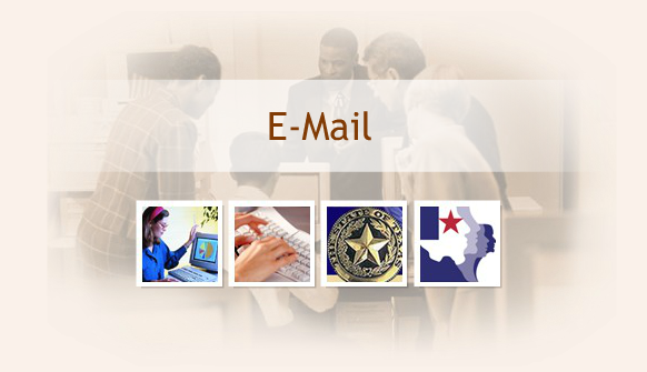 E-mail title screen showing collage of images: employee looking at computer, hands typing on keyboard, State of Texas seal, and HHS system logo